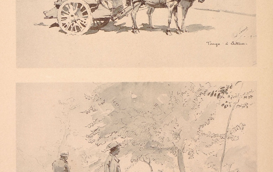 En haut, dessin d'un soldat Tsonga avec sa charrette et deux chevaux, au centre du village de Lestrem, détruit pendant le conflit. En bas, trois soldats de la 1ère Compagnie du 4th Gurkhas sont assis autour d’une caisse de munitions ou de ravitaillement. Derrière eux, un quatrième marche avec son kukri à la main, tandis qu’un autre balaie le sol. 