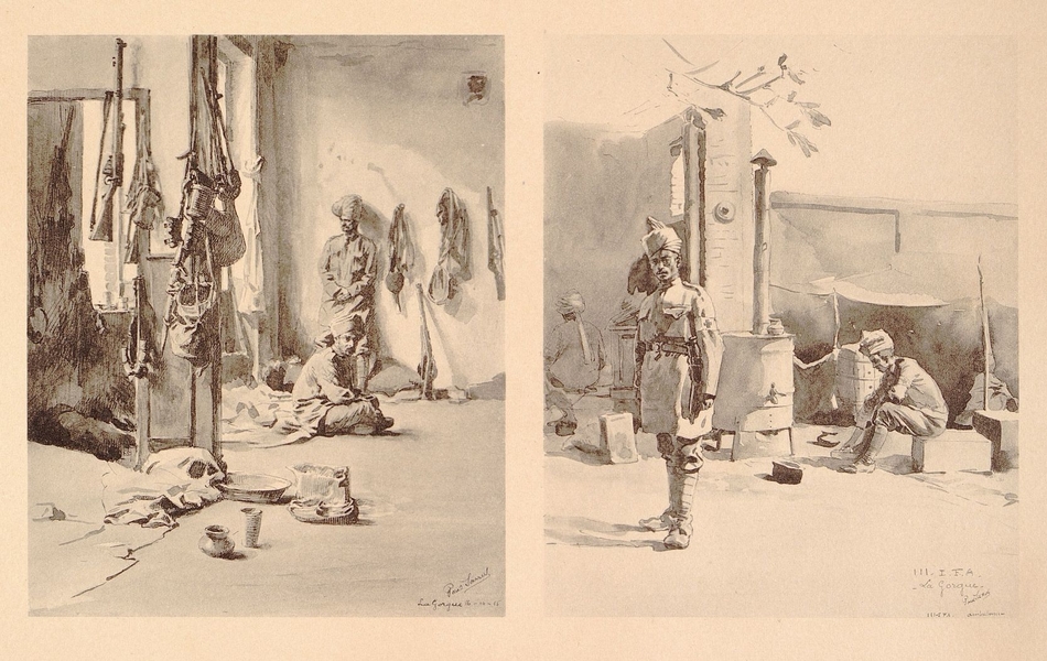 "À gauche, dessin de soldats indiens au repos à l’intérieur d’un bâtiment où sont entreposés les armes et paquetages. À droite, soldats installés en extérieur. Un soldat au premier plan et derrière lui, un autre se réchauffe devant un poêle.