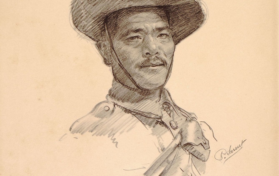 Dessin d'un soldat indien, coiffé d'un chapeau.