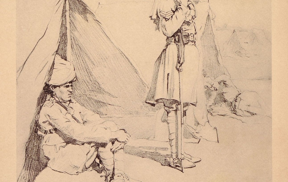 "Dessin de trois soldats indiens en faction au sein du camp de Cercotte. Au centre, l’un d’entre eux se tient debout, au garde-à-vous, en uniforme et lance au pied, devant une tente où un officier est assis sur un coussin. En arrière-plan, un troisième prend du repos.