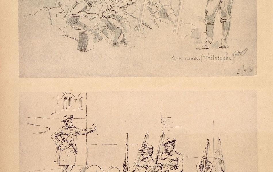 En haut, dessin de soldats britanniques à un croisement. Sur la pancarte on peut lire « Motorcars, lorries and waggons not going throught Vermelles must not past this point ». En bas, des soldats écossais attendent au même point de rencontre.