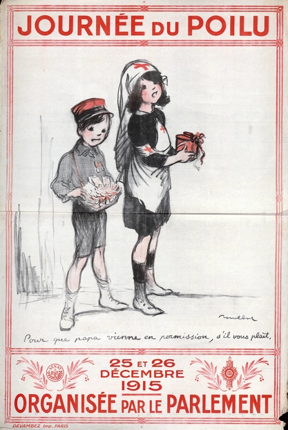 Affiche couleur montrant deux enfants en train de quêter. En-dessous, la légende "Pour que papa vienne en permission, s'il vous plaît".