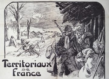 Affiche imprimée sur laquelle on voit au premier plan un groupe de trois soldats rassemblés autour d'un quatrième leur lisant une lettre.