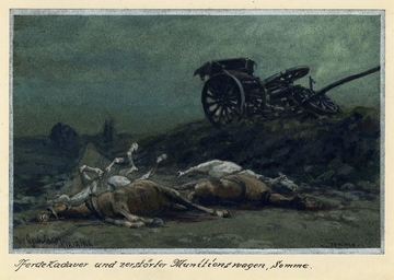 Aquarelle couleur montrant des cadavres de chevaux et un chariot de munitions détruit sur un champ de bataille. 