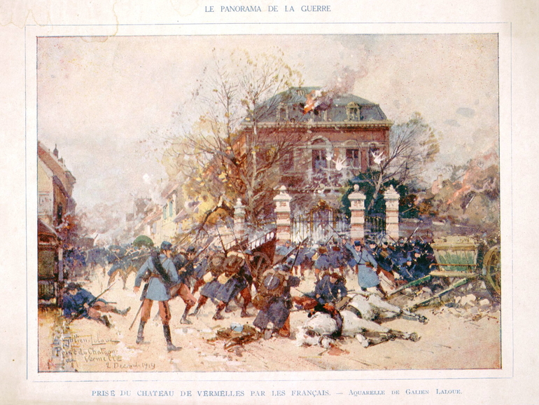 Tableau couleur montrant des soldats en train de se battre devant un château.