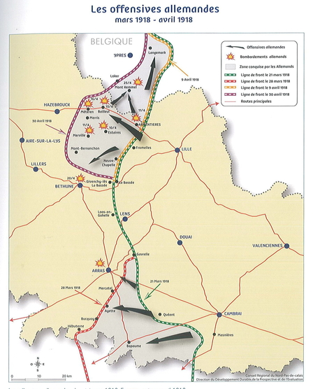 Carte couleur montrant l'évolution de la ligne de front entre le 21 mars 1918 et le 30 avril 1918.