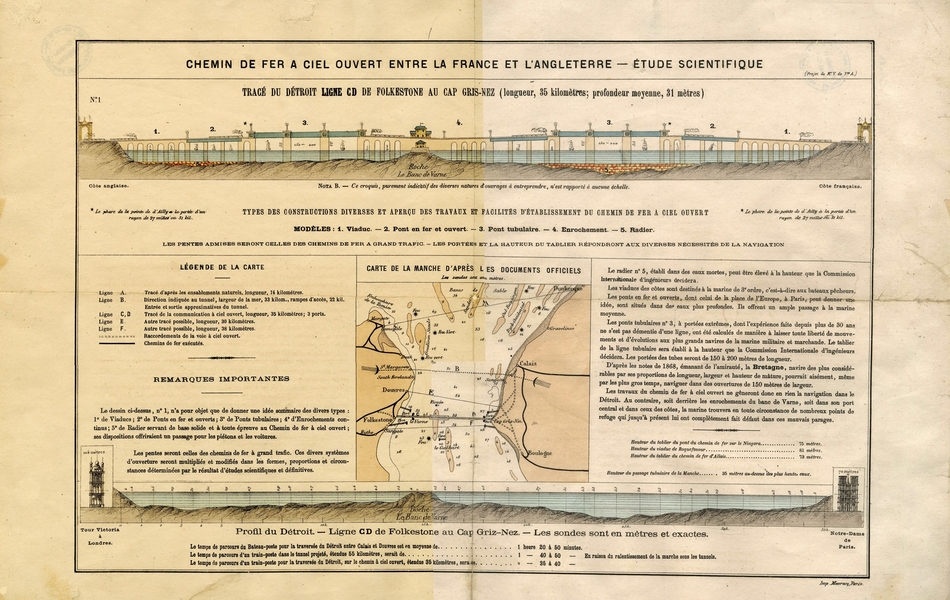 Plan imprimé couleur figurant deux cotes séparées par de l'eau et reliées par une sorte d'aqueduc.