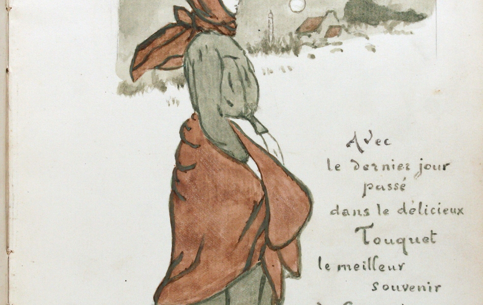 À gauche du texte (Avec / le dernier jour / passé / dans le délicieux / Touquet / le meilleur / souvenir / de Germaine / Lévêque / Paris-Plage / 22 7bre [septembre] 1903), une jeune femme brune pieds nus, corsage et jupon gris, foulard et jupe de couleur rouge, tablier blanc. À l’arrière-plan, sous le soleil, un phare, une maison et une ligne de frondaison.