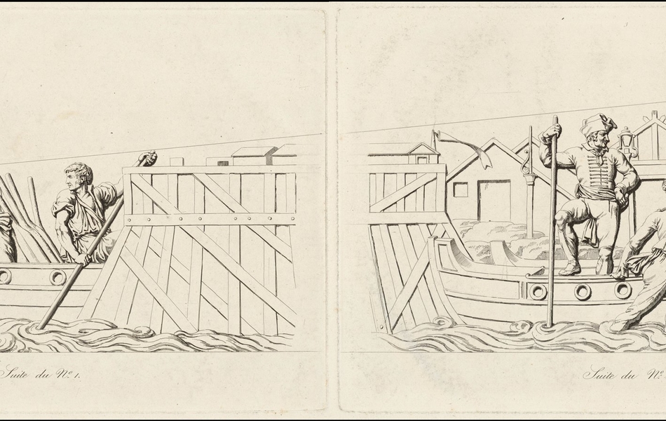 Ensemble de quatre dessins monochromes montrant des soldats dans des embarcations.