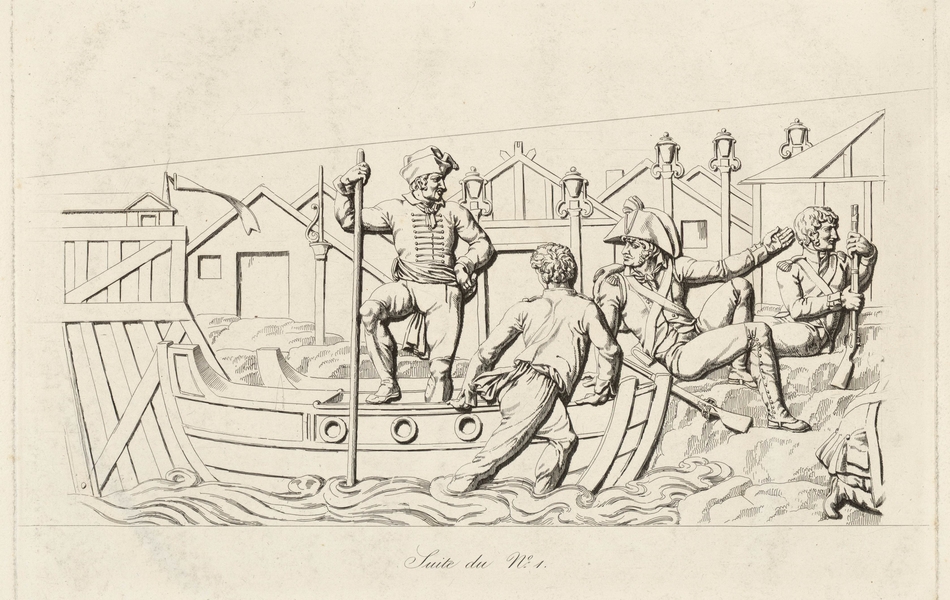 Dessin montrant des soldats dans une barque.