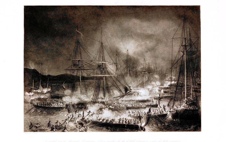 Gravure monochrome motnrant une bataille navale de nuit, sur une mer agitée. 