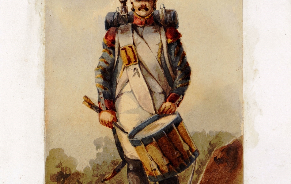 Aquarelle représentant un soldat portant un tambour. 