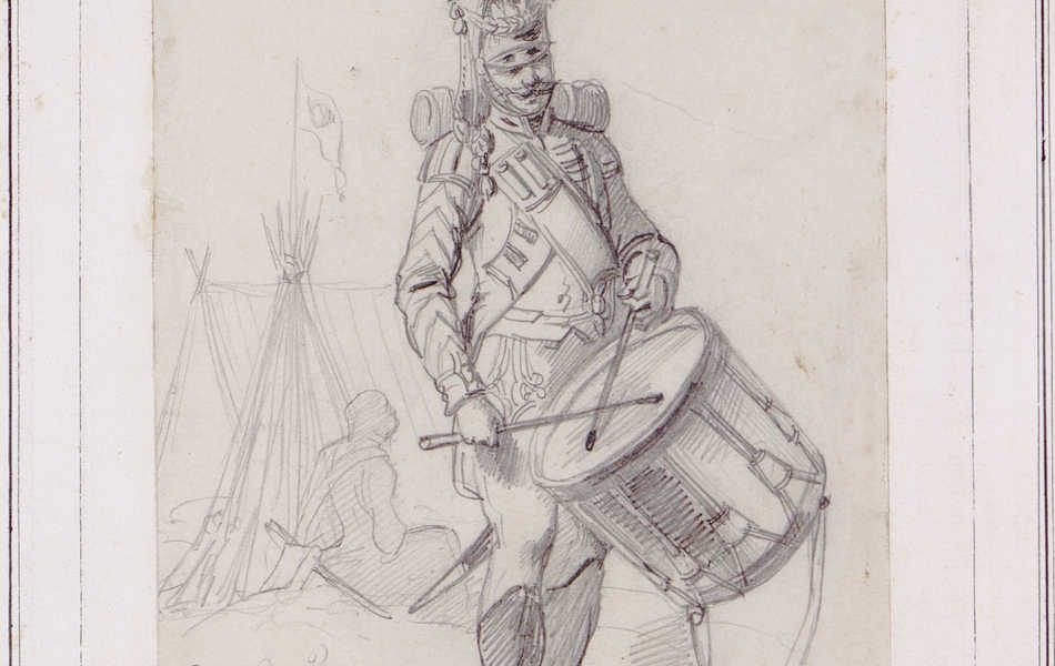 Dessin noir et blanc montrant un soldat tapant sur un tambour.