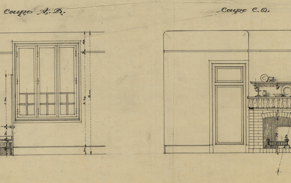 Plan manuscrit montrant les murs et fenêtres d'une pièce.