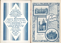 Double page imprimée en bleu. À gauche, le texte suivant : "Il est intéressant de posséder les cartes et plans édités par les services cartographiques des annuaires Ravet-Anceau : carte du Nord de la France (10 départements), dimensions :1m20 x 0m80 ; cartes départementales du Nord et du Pas-de-Calais divisées par cantons ; plans des principales villes du Nord et du Pas-de-Calais". À droite trois illustrations de Boulogne-sur-Mer (casino, basilique Notre-Dame et porte de Calais, château d'Hardelot).