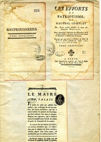 Document composé de trois feuilles imprimées portant comme titres "Maupeouaneries. Tome cinquième", "Les efforts du patriotisme ou Recueil complet des Écrits publiés pendant le règne du chancelier Maupeou. Tome troisième" et "Le Maire du Palais".