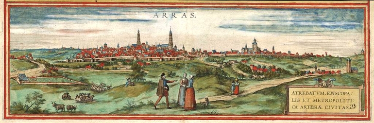 Peinture représentant une vue panoramique d'Arras et de sa campagne.