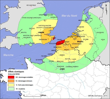 Carte géographique montrant démarquant les zones touchées par le séisme, d'Angleterre à l'Allemagne.