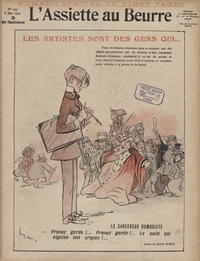 Une de journal illustrée d'un dessin représentant au premier plan un homme de profil, taillant son crayon. Au second plan, une foule disparate semble horrifiée par cet acte. On lit cette légende en-dessous : "Le dangereux humoriste. Prenez garde ! Prenez garde ! Le voilà qui aiguise son crayon !"