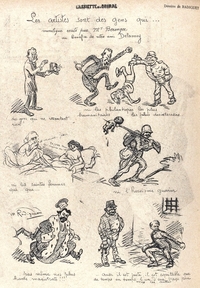 Dessins caricaturaux légendés, sous le titre "Les artistes sont des gens qui... Monologue récité par Monsieur Bérenger, au bénéfice de notre ami Delannoy".