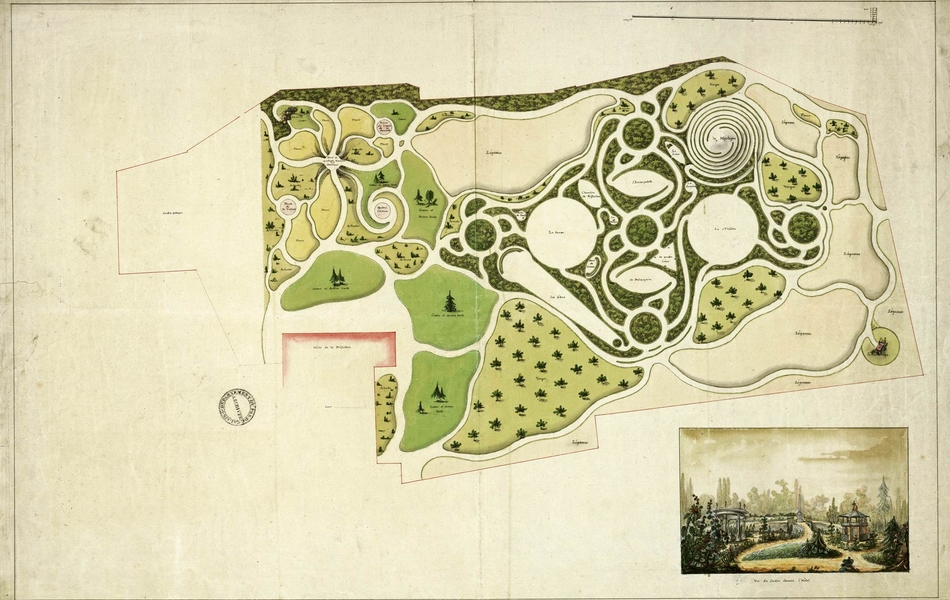 Plan couleur d'un jardin décomposé en bosquets.