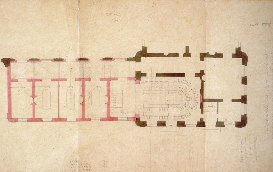 Plan d'architecte d'un bâtiment comportant plusieus salles.