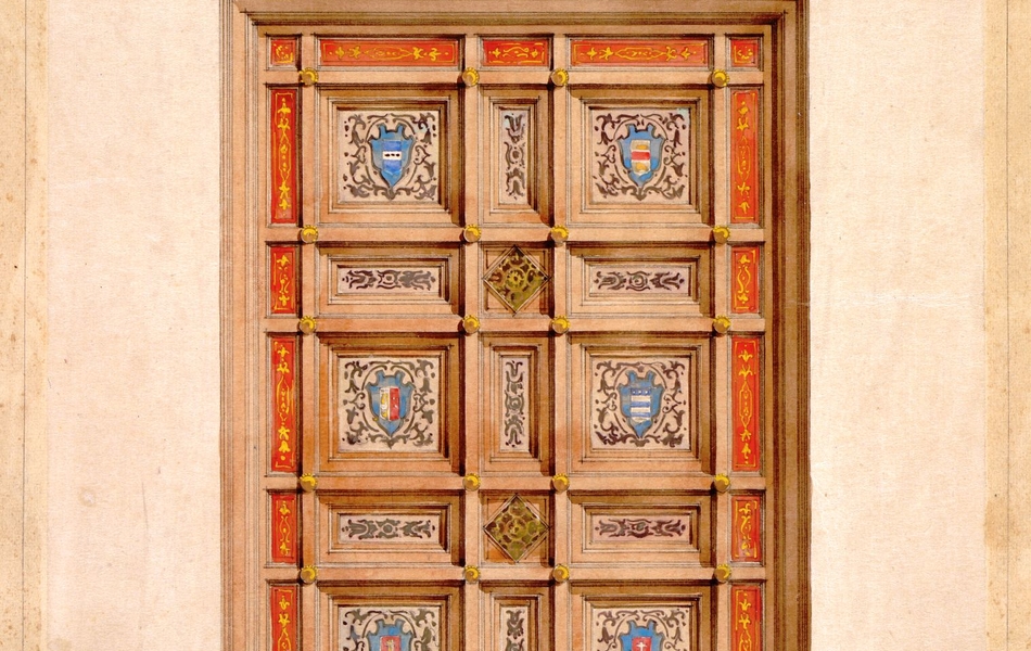 Dessin couleur d'un plafond à caissons richement décoré d'ornementations colorées.