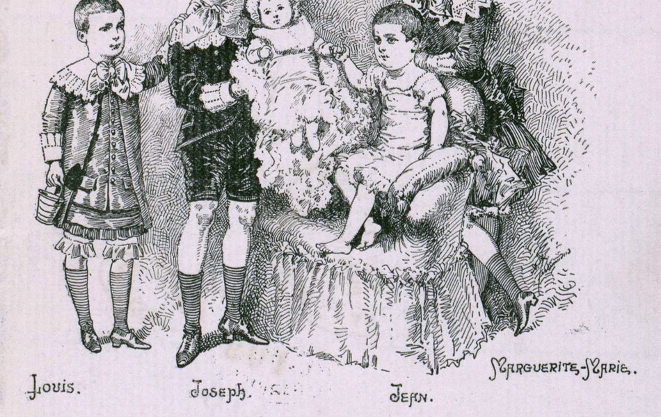 Gravure monochrome montrant un bébé entouré de quatre enfants. En-dessous, on lit "Louis, Joseph, Jean, Marguerite-Marie, Marie-Antoinette Laroche, née le 9 septembre 1885, Arras".