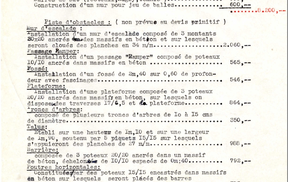 Document dactylographié sur lequel on lit : "Matériel. Installation d'un portique, de barres de suspension, des poutres d'équilibre, des barres de but (football, basket-ball, tennis, etc.), la construction d'un mur (jeu de balles, etc.), le tout évalué primitivement et sommairement à 5000 francs. L'évaluation forfaitaire actuelle ressort à : installation d'un portique en bois plus compliqué de 5 mètres ancré dans massifs en béton. Y compris cordages : 3000 francs. Barres de suspension en bois sur massif en béton : 2200 francs. Poutres d'équilibre en bois ancrées dans massifs de béton : 1800 francs. Barres de but (football, rugby, tennis) : 600 francs. Construction d'un mur pour jeu de balles : 600 francs. Piste d'obstacle : non prévu au devis primitif. Mur d'escalade : installation d'un mur d'escalade composé de 3 montants 20x20 ancrés dans des massifs en béton et sur lesquels seront cloués des planches : 2060 francs. Passage ramper : installation d'un passage "ramper" composé de poteaux 10/10 ancrés dans massis en béton : 565 francs. Fossé : installation d'un fossé de 2m40 sur 0,60 de profondeur avec fascinages : 546 francs. Plateforme : installation d'une plateforme composée de 3 poteaux 20/20 ancrés dans massifs en béton, sur lesquels on dispose des traverses et la platerforme : 864 francs. Troncs d'arbres : composé de plusieurs troncs d'arbres de 10 à 15 centimètres de diamètre : 350 francs. Talus établi sur une hauteur de 1,10 mètre et sur une largeur de 1,90 mètre, soutenu par 5 piquets sur lesquels s'appuieront des planches : 988 francs. Barrière composée de 3 poteaux ancrés dans un massif de béton, échelonné de 10/10 espacés de 0,40 mètre : 792 francs. Poutres horizontales constituées par des poteaux encastrés dans massifs en béton sur lesquelq seront placés des barres transversales : 685 francs. Chicane constituée avec poteaux ancrés dans massifs en béton avec lisse et sous lisse en bois : 1626 francs..."