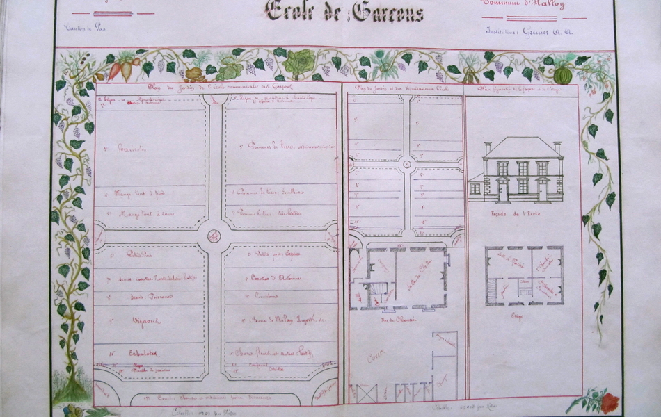 Plan manuscrit montrant les subdivisions du potager et le plan du bâtiment de l'école.