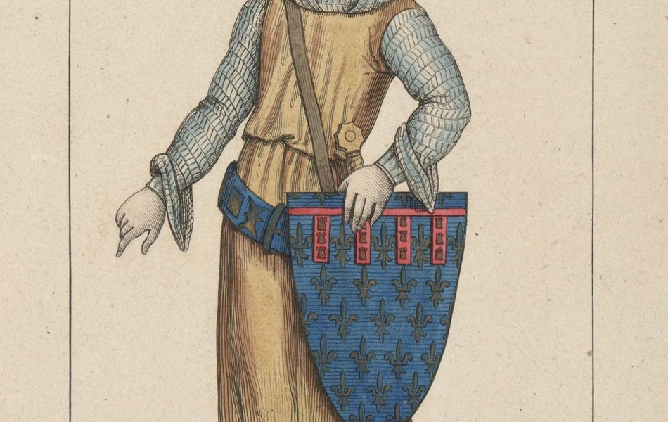 Dessin couleur montrant un homme en pied, vêtu en chevalier et portant un écu, de profil.