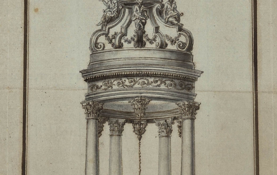 Dessin monochrome montrant un dôme surmonté de quatre colonnes qui recouvre des fonds baptismaux.