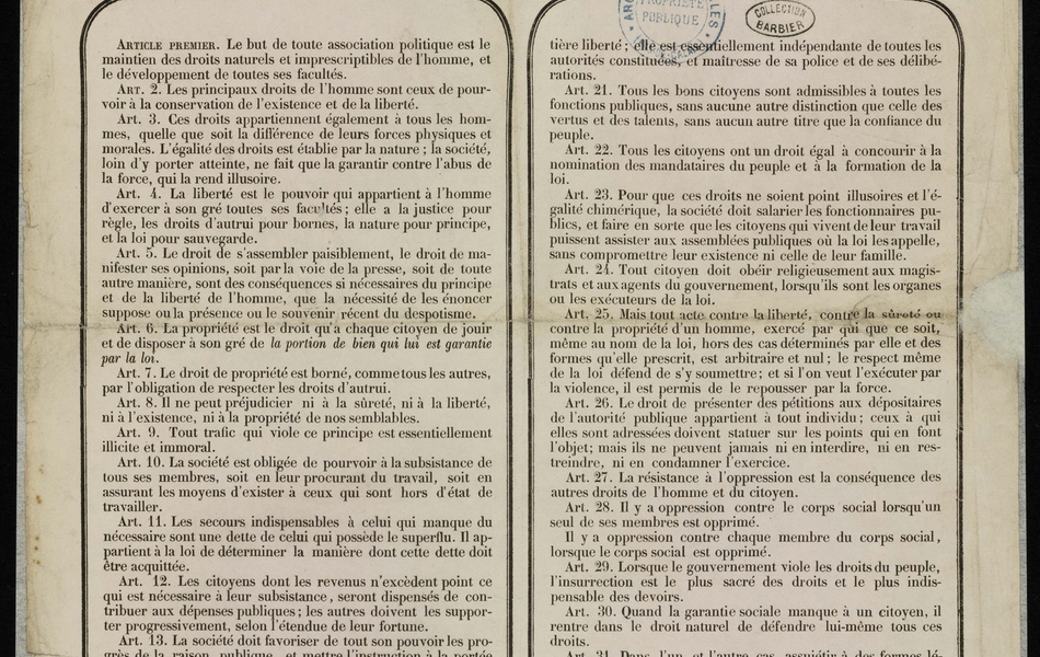 Texte imprimé reprenant la déclaration des droits de l'homme et du citoyen, formulés par Maximilien de Robespierre en 1793.