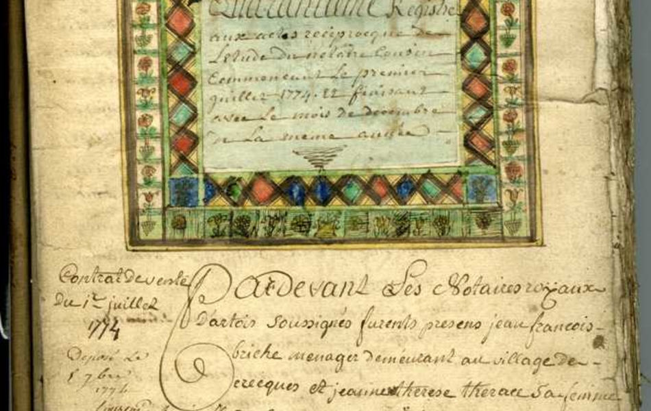 Document manuscrit sur lequel est écrit "Quarantième registre aux actes réciproques de l'étude du notaire Cousin commençant le premier juillet 1774 et finissant avec le mois de décembre de la même année". Ce texte est doublement encadré de formes géométriques et de fleurs. Un fronton terminé d'un crucifix repose sur ce cadre