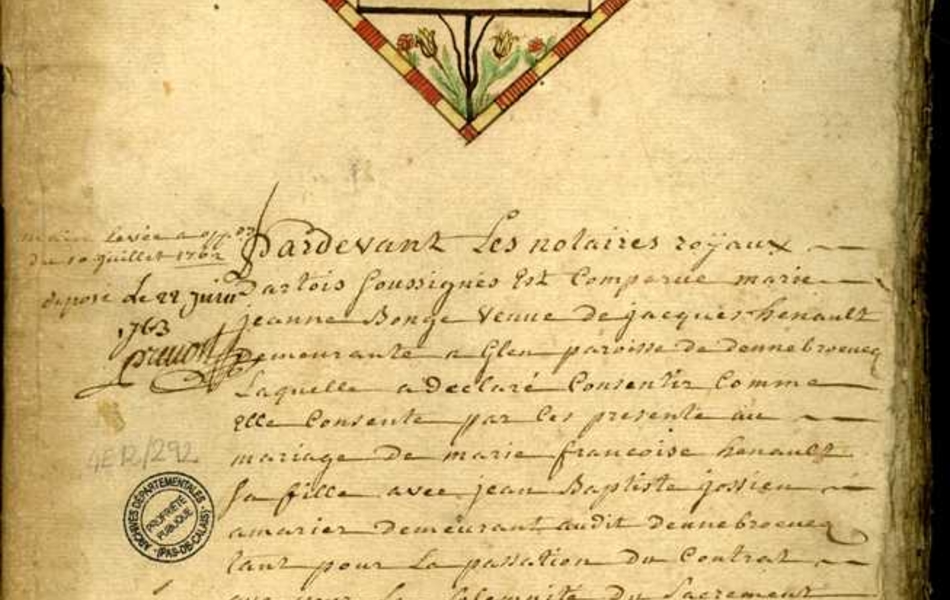 Document manuscrit montrant un losange coloré accueillant un cep de vigne. Au centre se trouve un rectangle dans lequel on lit "Quatorzième registre aux actes réciproques de l'étude du notaire Cousin commençant avec le mois de juillet et finissant avec celuy de décembre 1762".