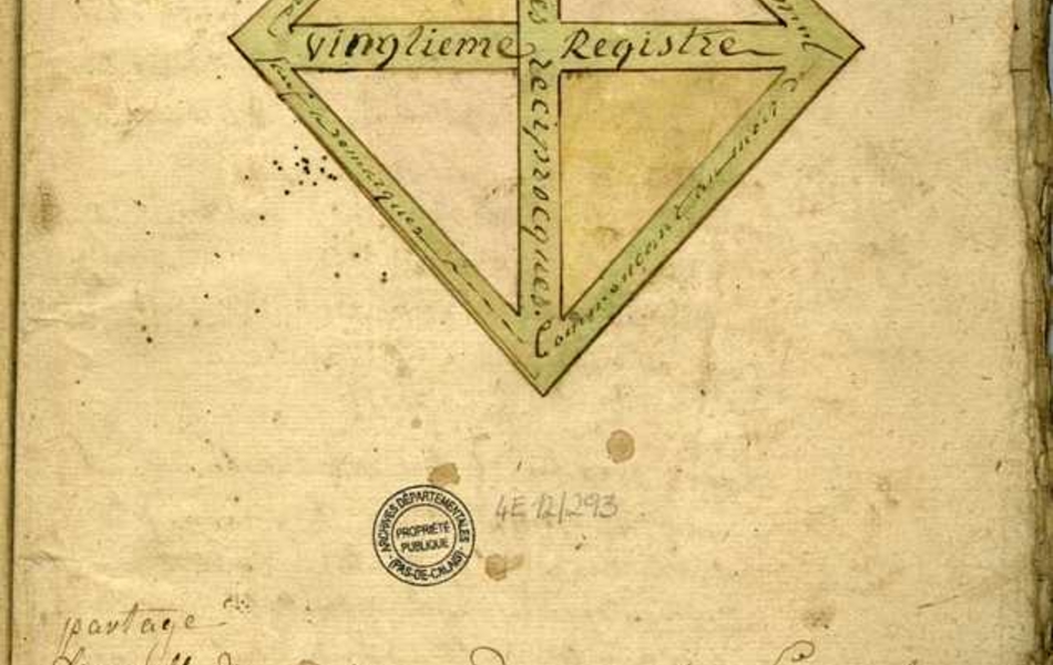 Losange coloré en vert traversé d'une croix. À l'intérieur, on lit "Vingtième registre aux actes réciproques commençant au mois de juillet 1765 et finissant avec laditte année [...] à remarquer"