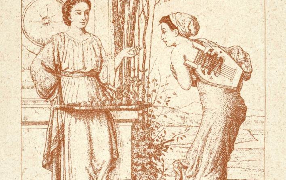 Dessin monochrome montrant deux femmes vêtues de toges. La première présente un étal de fruits que regarde la seconde, une lyre sur son épaule.