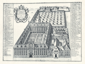Plan et légende imprimés en noir et blanc. Des deux côtés d'une vue en perspective d'un grand bâtiment et de jardins se trouve une légende détaillée.