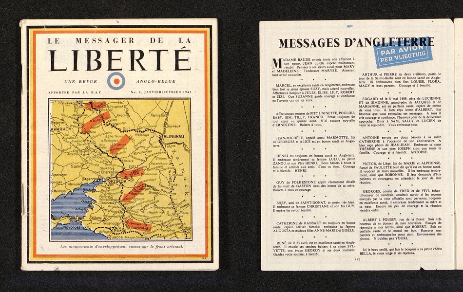 Couverture couleur montrant une carte d'une région russe portant deux frontières en pointillés. Des flèches rouge indiquent le recul au sud de l'une d'entre elle. Au-dessus le texte suivant : "Le messager de la liberté, une revue anglo-belge, apportée par la R.A.F., n° 2, jenvier-février 1943".