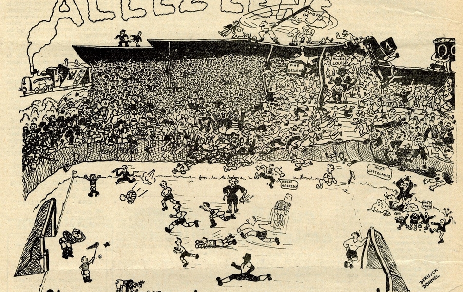 Couverture d'un journal. Sous le titre "Allez Lens" est dessiné un stade débordant d'une foule si enthousiaste que certains sont tombés de leurs tribunes jusque sur le terrain, pendant que d'autres se battent dans les gradins. On lit en-dessous "Une galerie de vrais supporters". Les hauts et bas de pages sont consacrés à de la publicité.