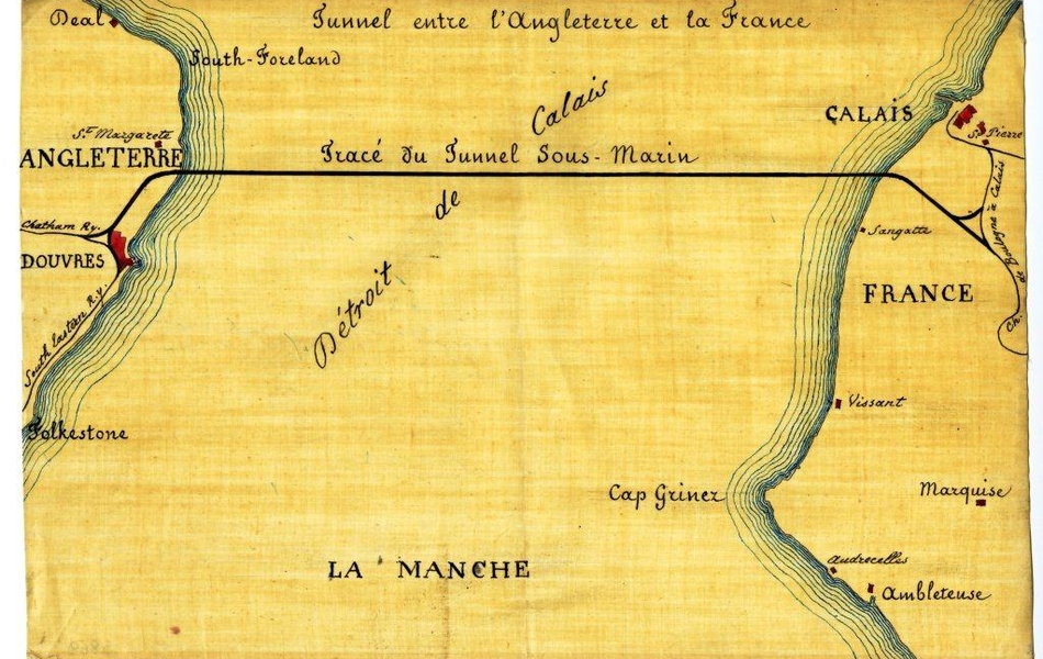 Dessin en couleur représentant le tracé du tunnel sous la Manche entre Douvres et Calais. Sur les côtes anglaises et françaises, d'autres villes sont signalées (Deal, St Margarete, Folkestone, Saint Pierre, Sangatte, Wissant, Marquise, Audresselles, Ambleteuse)