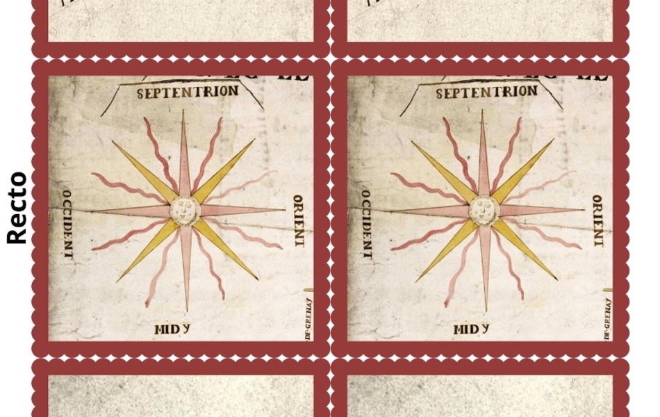 Série de trois doubles cartes à jouer couleur illustrées par des roses des vents.