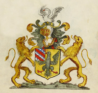 Blason composé d'un aigle et d'un franc-quartier vairé, encadré de deux lions et surmonté d'un heaume sur lequel est posé un cygne.