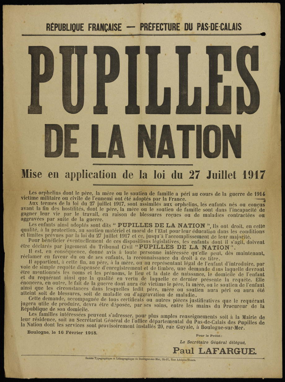 Le 27 juillet 1917 : loi reconnaissant les pupilles de la ...