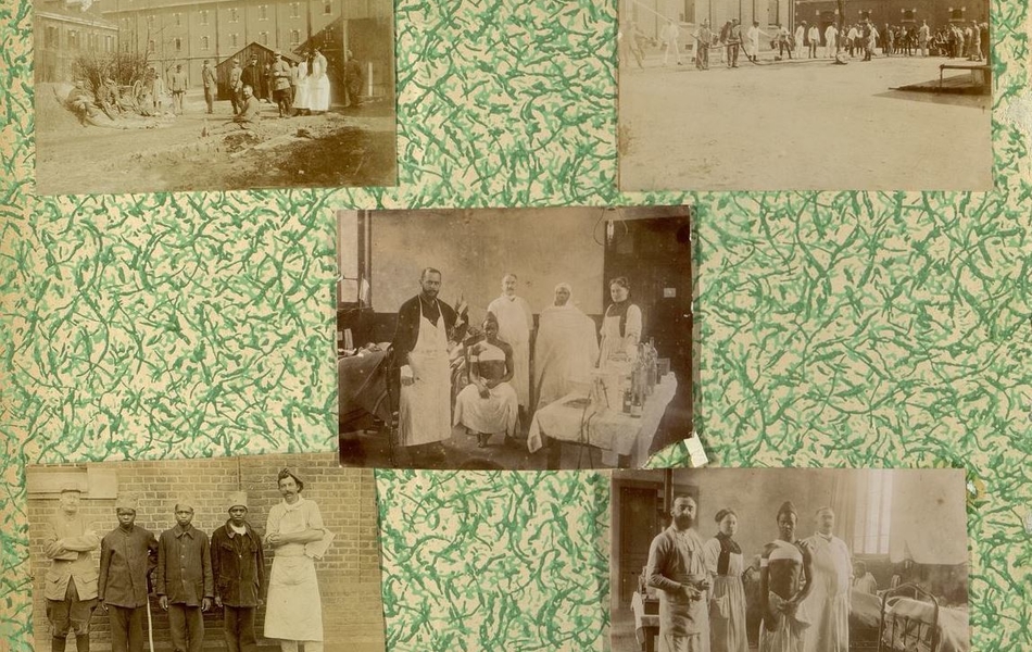 Page d'un album présentant cinq photographies d'un hôpital militaire.