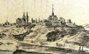 Dessin au fusain montrant la ville de Montreuil au loin.