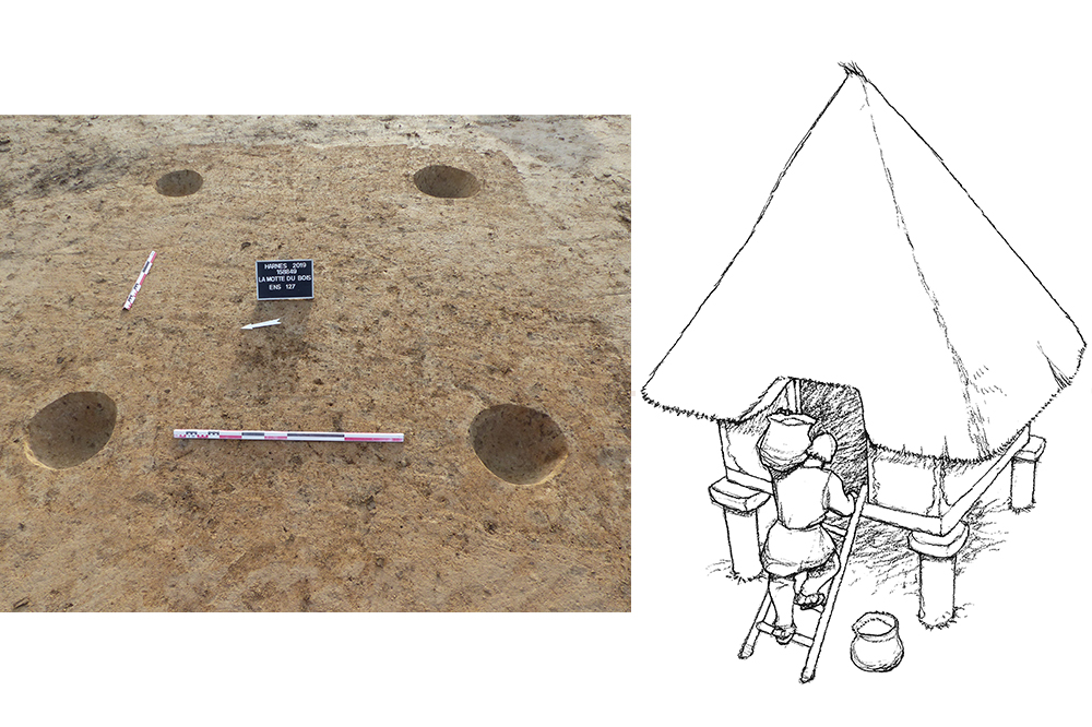 trous de poteaux et dessin d'un grenier.