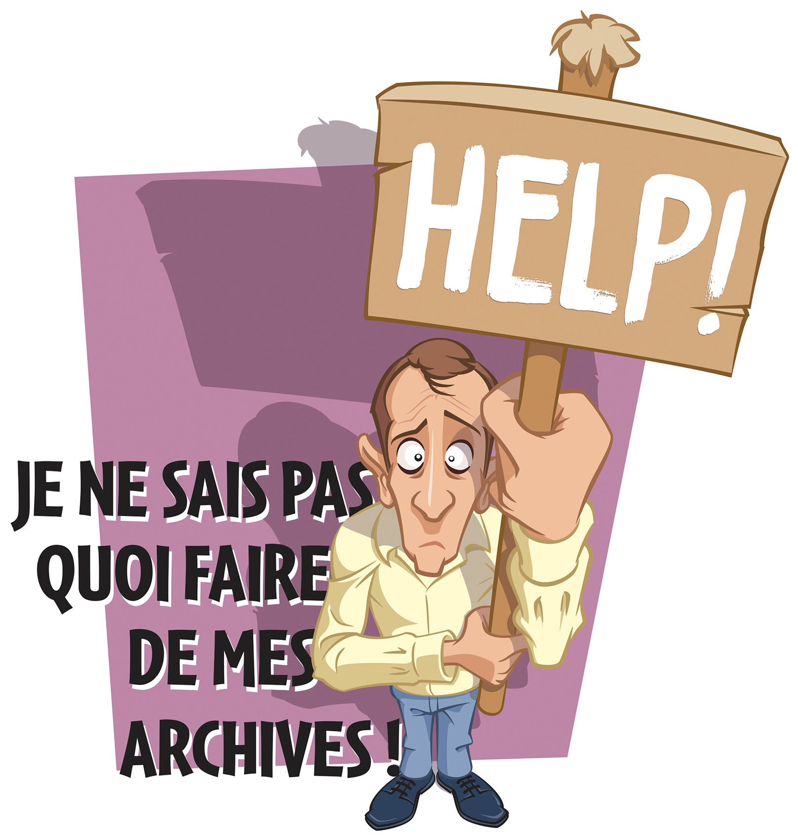 Illustration couleur montrant un homme portant une pancarte sur laquelle est écrit "help".