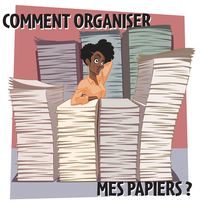 Dessin couleur montrant une femme qui semble perplexe au milieu de montagnes de papiers.