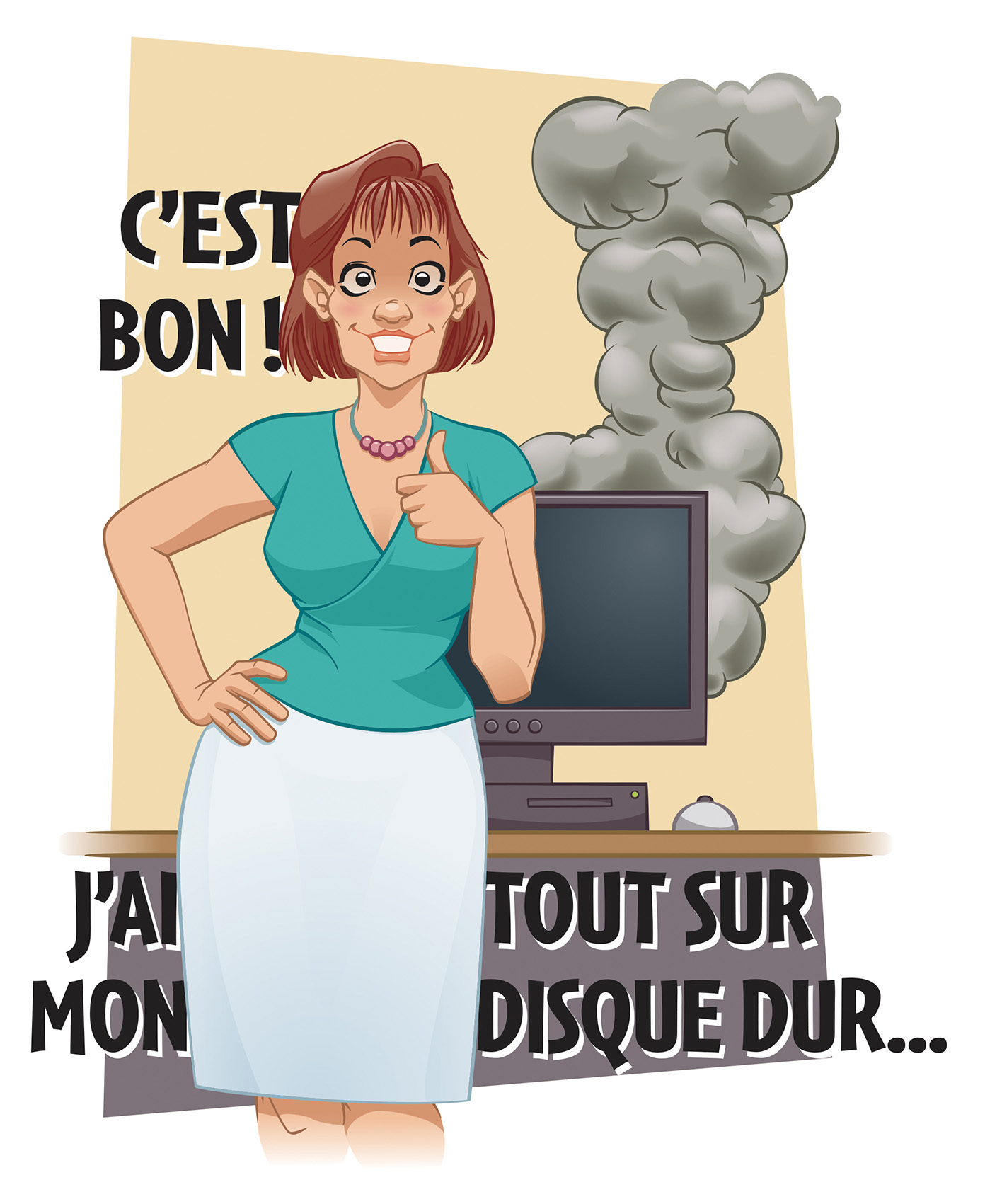 Dessin couleur montrant une femme levant son pouce en l'air. Derrière elle, un ordinateur fume.